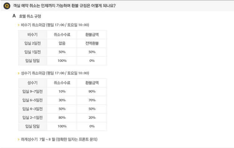 객실 / 객실 예약 취소는 언제까지 가능하며 환불 규정은 어떻게 되나요?